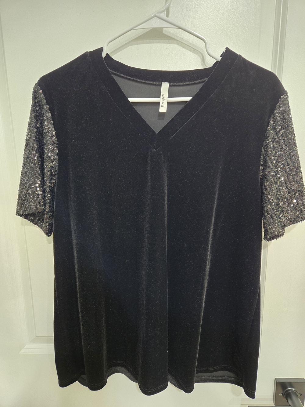 Black Velvet V-Neck Top with Sequin Short Sleeves